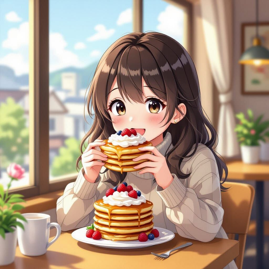 Anime Girl Joyfully Eats Pancake at Cafe