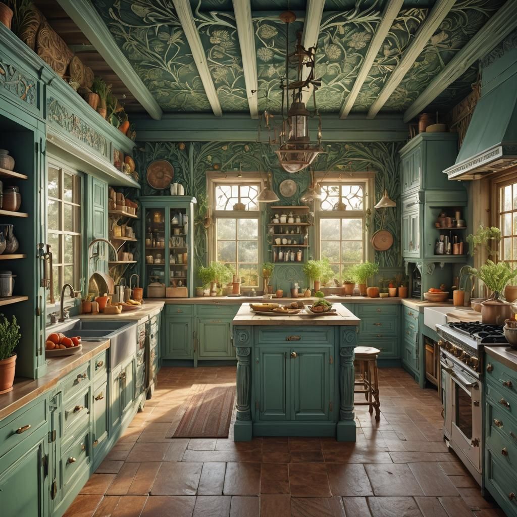 Futuristic Farmhouse Kitchen with William Morris Carvings