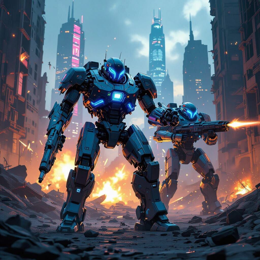 Futuristic Battle Robots in Sci-Fi Cityscape