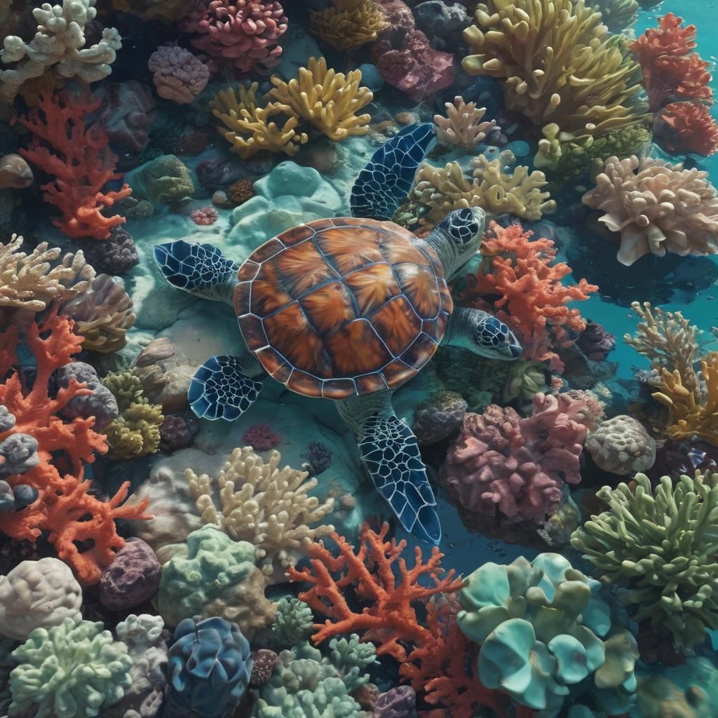 Anime Turtle Swimming in Vibrant Coral Reef