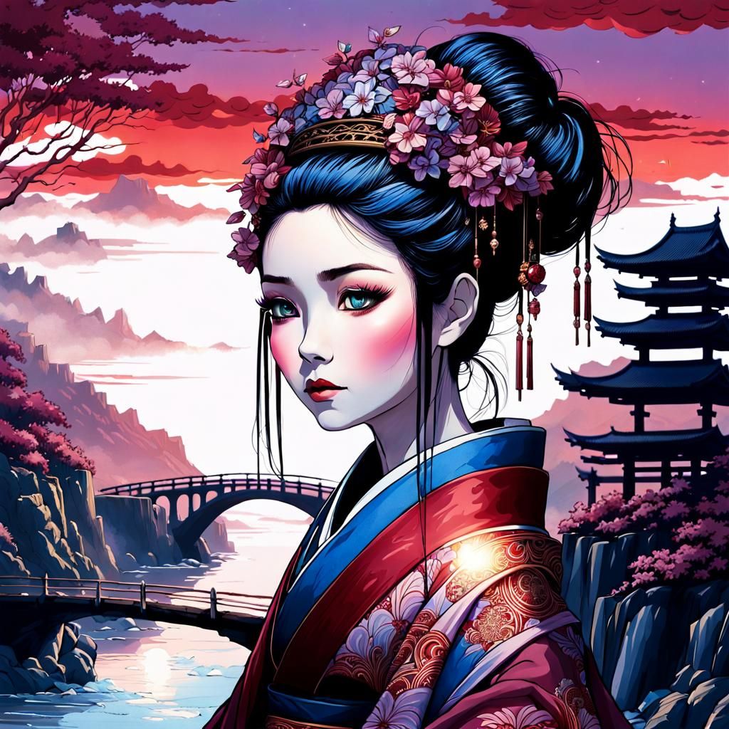 Android Princess on Japanese Bridge: Dark Fantasy Art