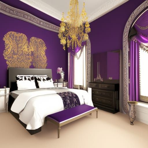 Gothic Bedroom in Deep Purple: Hyperrealistic Splash Art