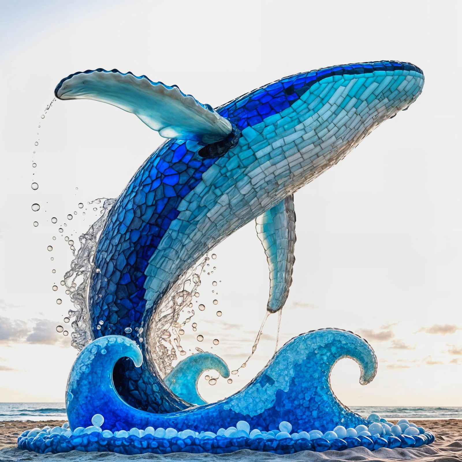 Monumental Sea Glass Whale Breaching at Sunrise