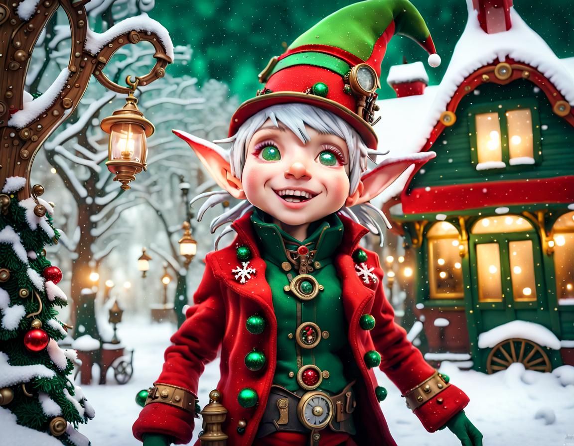 Steampunk Christmas Elf in Snowy Workshop