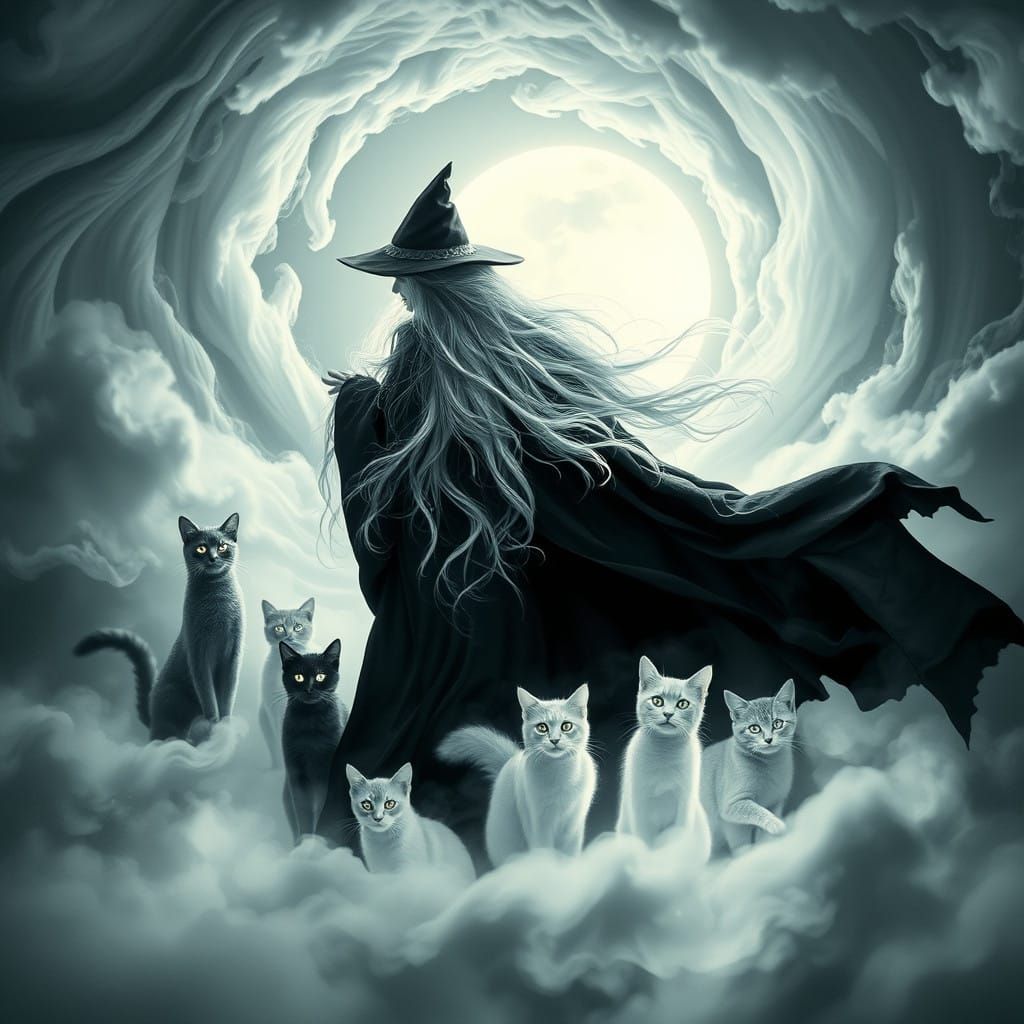 Surreal White Witch Conjured by Full Moon Magic in Dark, Whi...