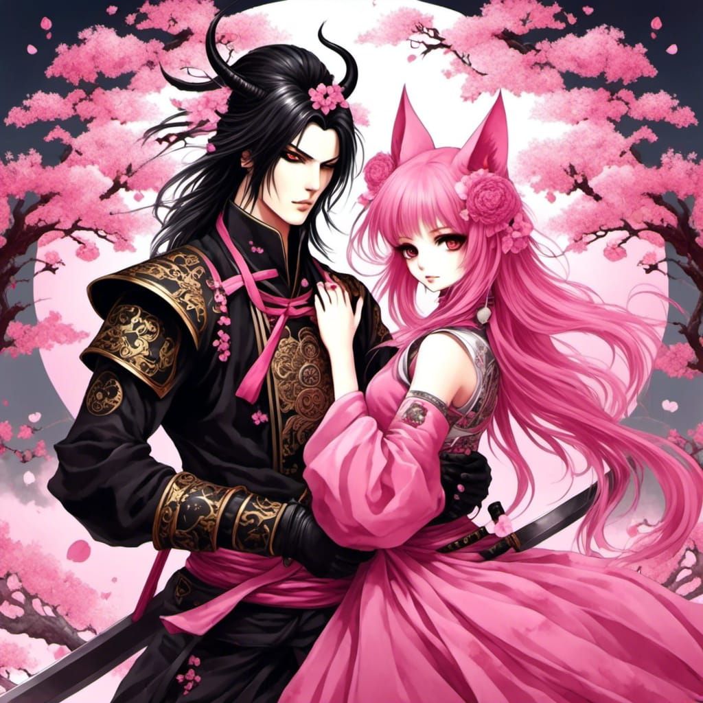 Anime Pink Neko Samurai with Sakura Blossoms