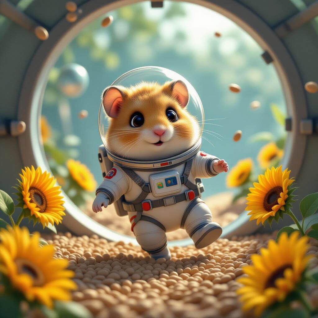 Hamster Astronaut in Zero-Gravity Habitat: Pixar Style