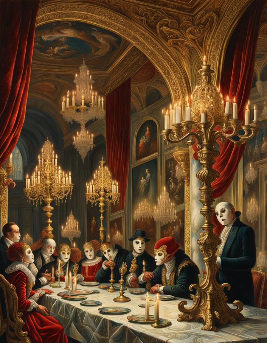 Venetian Masks in a Lavish Ballroom: Oil Painting