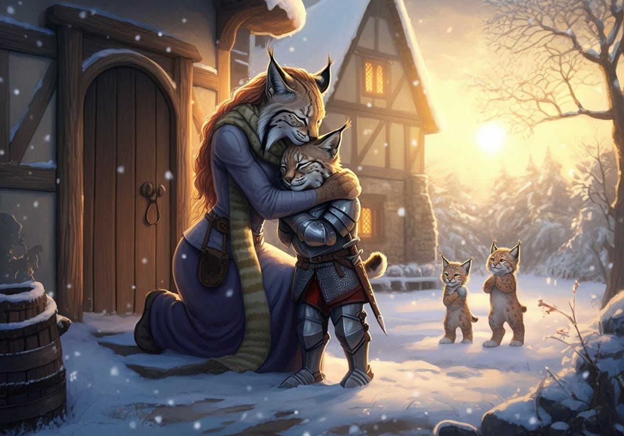 Fantastical Medieval Lynx Family Scene in Watercolour and Re...