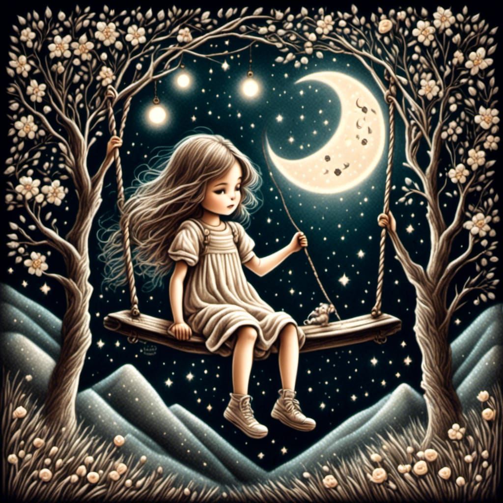 Chalk Art: Girl on Swing Under Crescent Moon