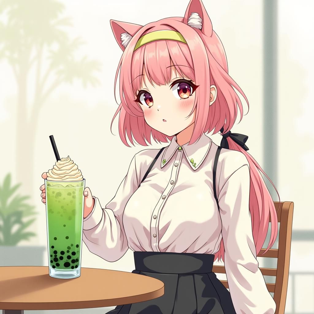 Anime Girl with Cat Clothing and Bubble Tea