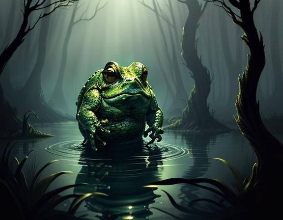 Bullywug Emerges from Murky Swamp in Dark Fantasy