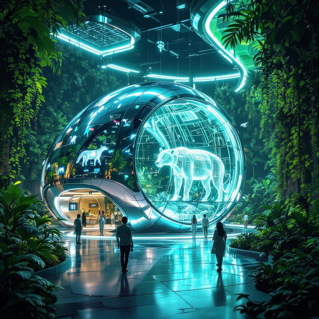 Futuristic Zoo Entrance with Holograms