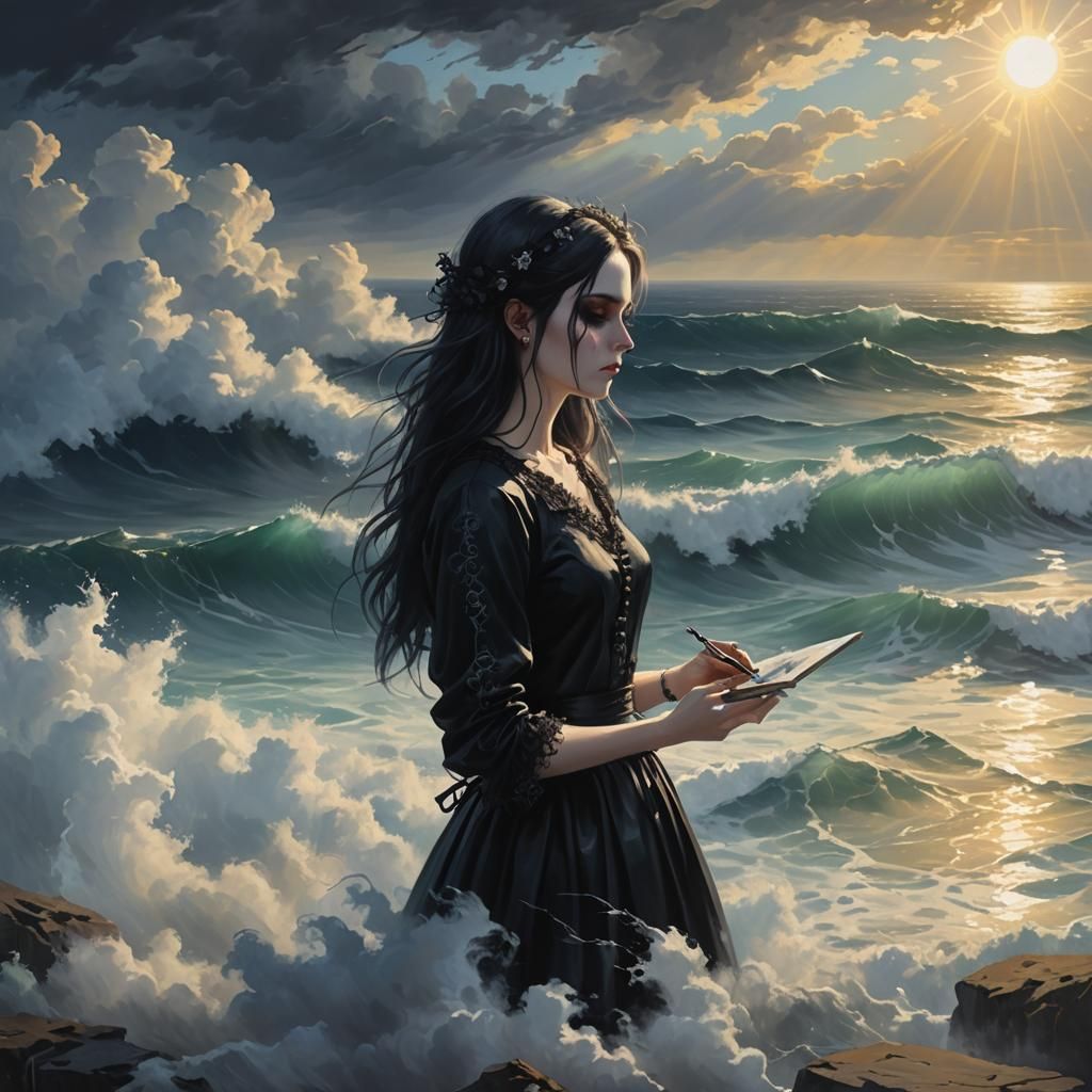 Goth Girl Painting Ocean Scene in Divine Light