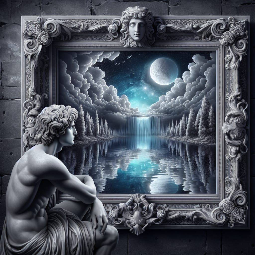 Surreal Landscape with Baroque Frame and Contemplative Statu...