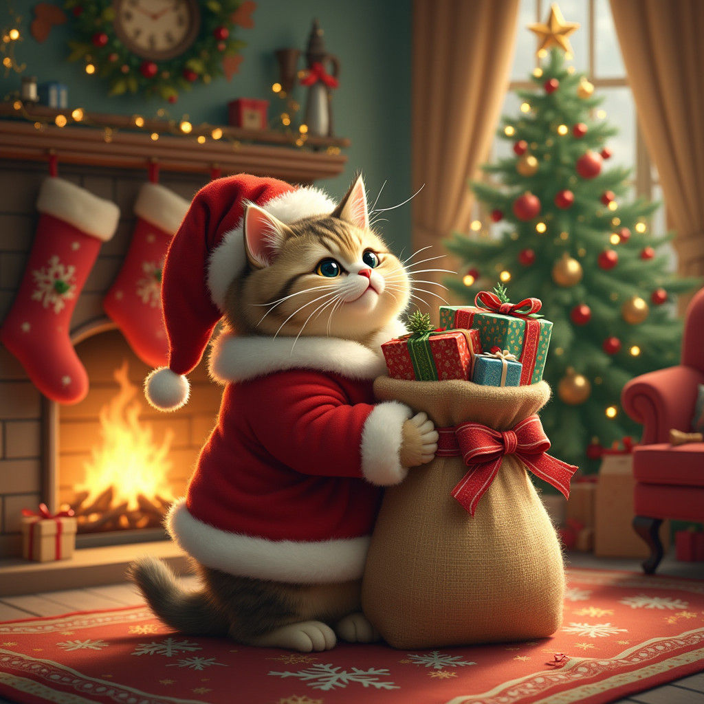Festive Cat as Santa Claus with Christmas Gifts