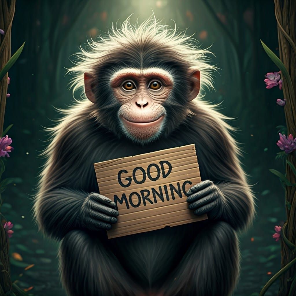 a monkey holding a sign that says the words exactly "Good Mo...