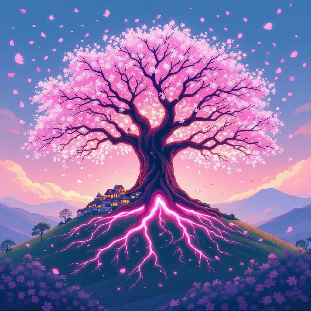 Enchanting Cherry Blossom Tree With Fairy Village In Art Nou...