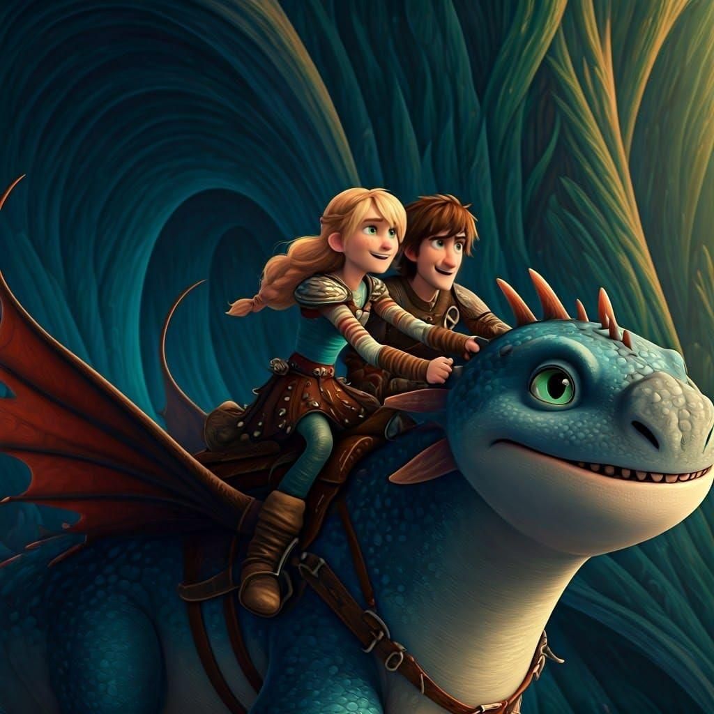Hiccup and Astrid Ride Stormfly: Detailed Matte Painting