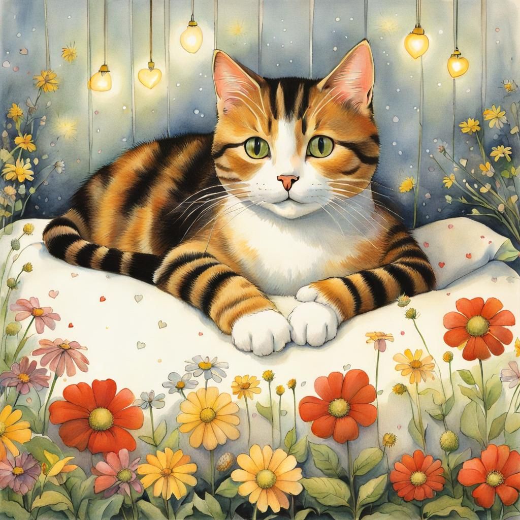 Cozy Cat Surrounded by Flowers: Children's Book Illustration