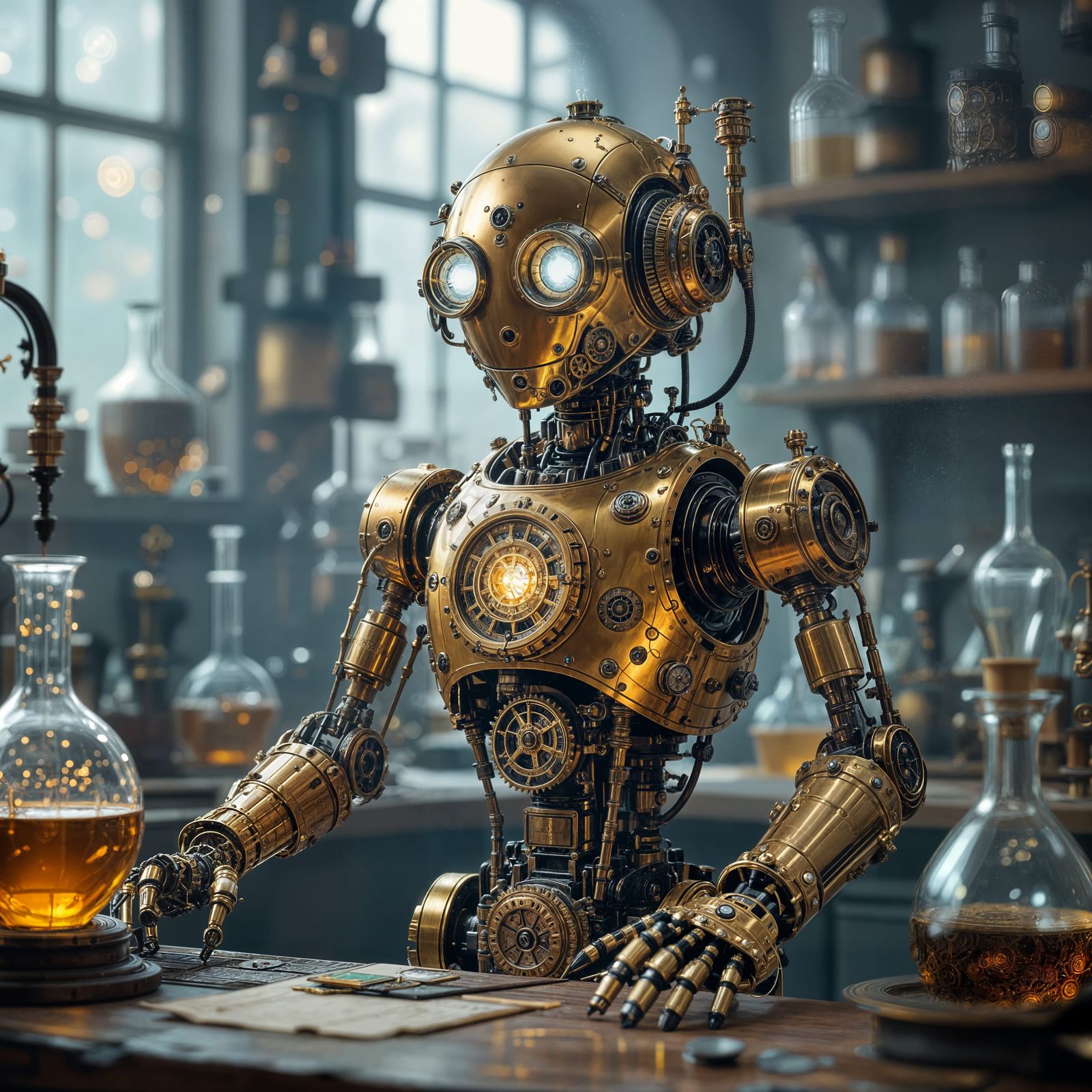 Steampunk Automaton in Laboratory, Magical Fantasy Art