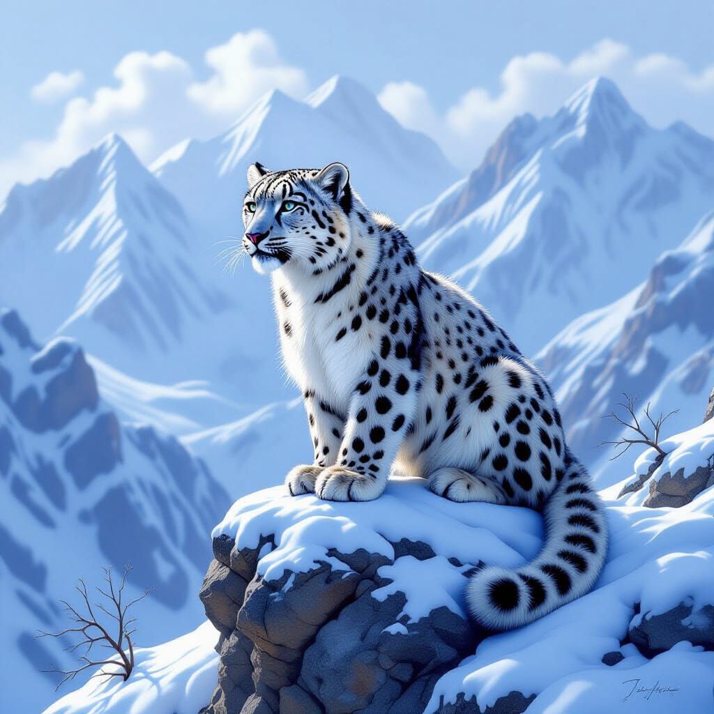 Elegant Snow Leopard on Snowy Mountain Peak