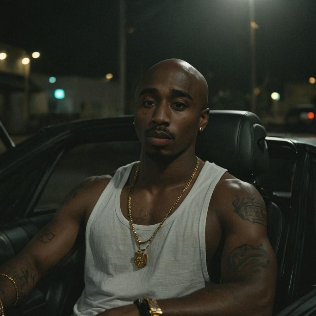 Cinematic Film Still: Man in Car Reflecting Neon Lights