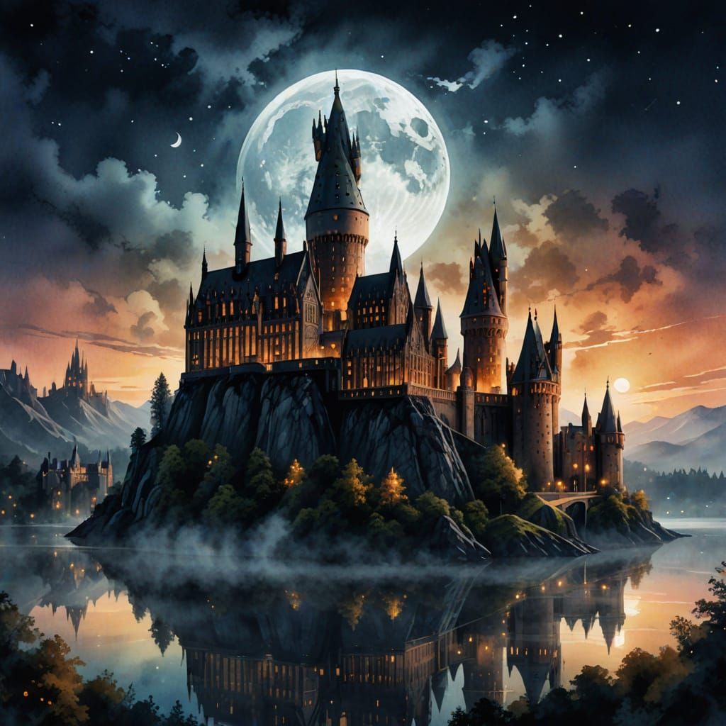 Hogwarts Castle Under Full Moon in Watercolor Style