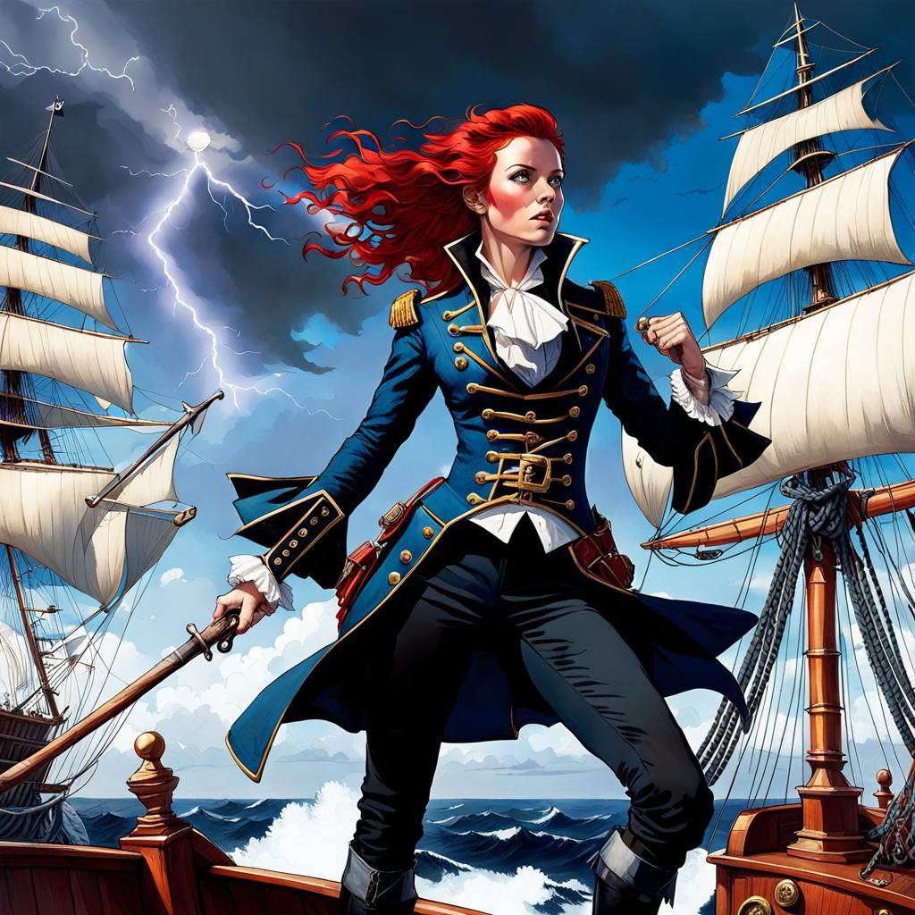 Fiery Irish Pirate Woman Controls Lightning on Ship