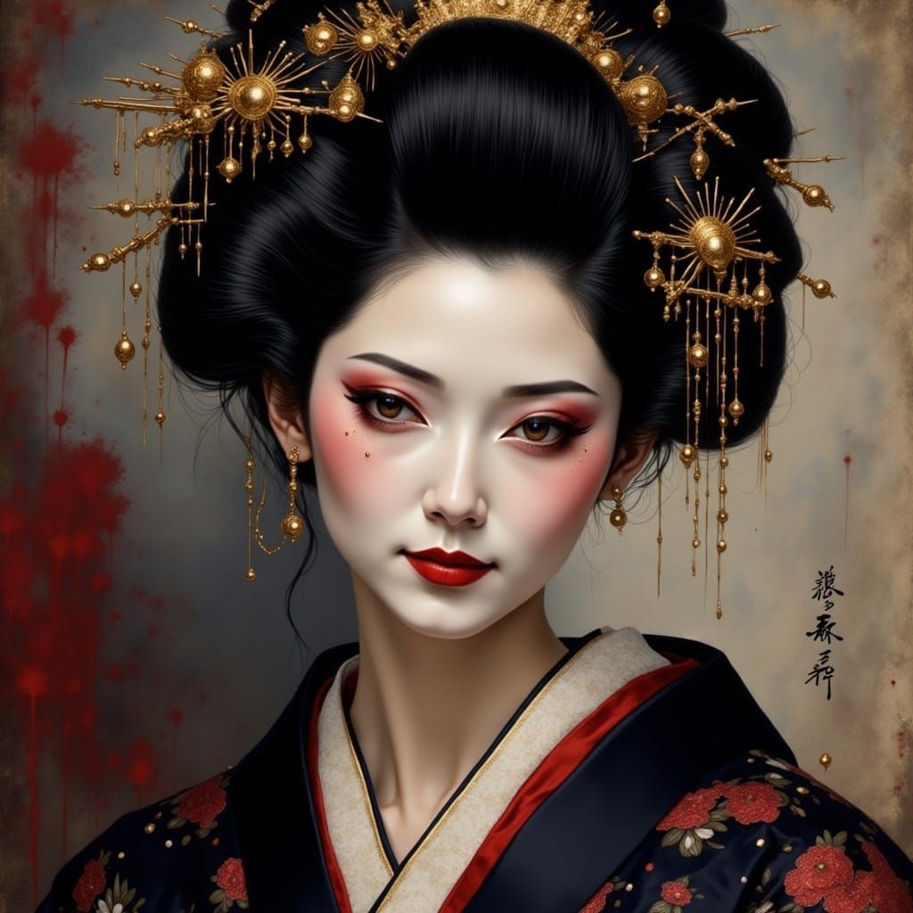 Serene Geisha in Ink-Washed Darkness, Inspired by Kano Schoo...