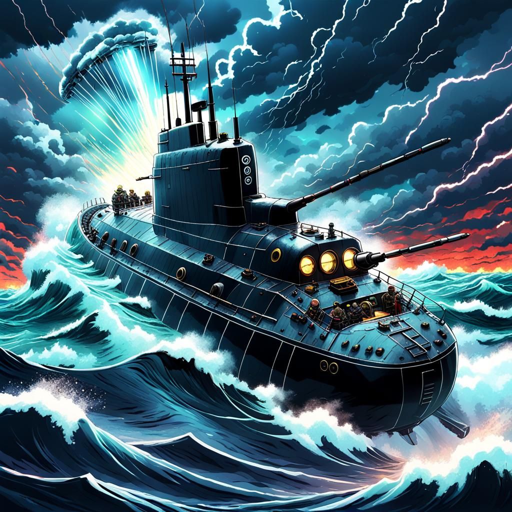 Anime Submarine Sails Stormy Seas with Guns