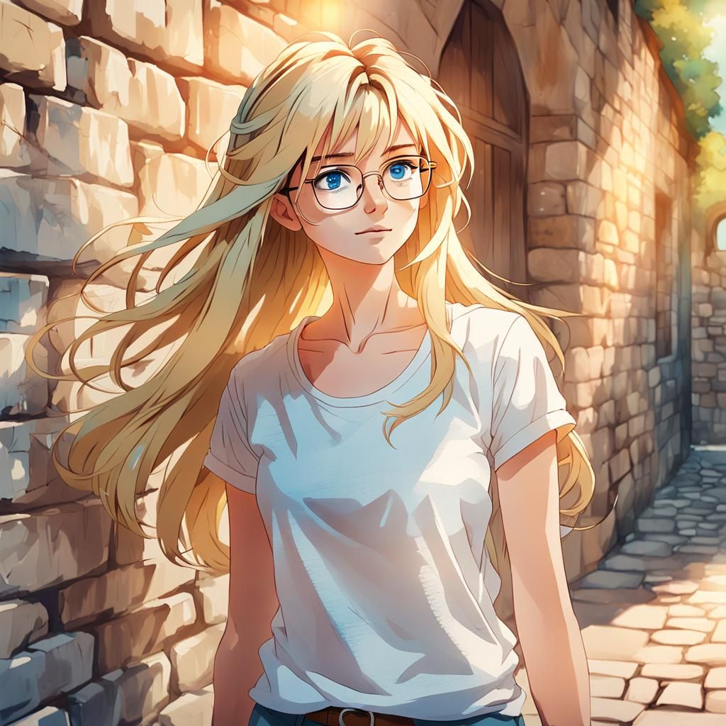 Blonde Woman with Glasses in Anime Style