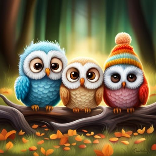 Colorful Baby Owls Around Campfire in Digital Art