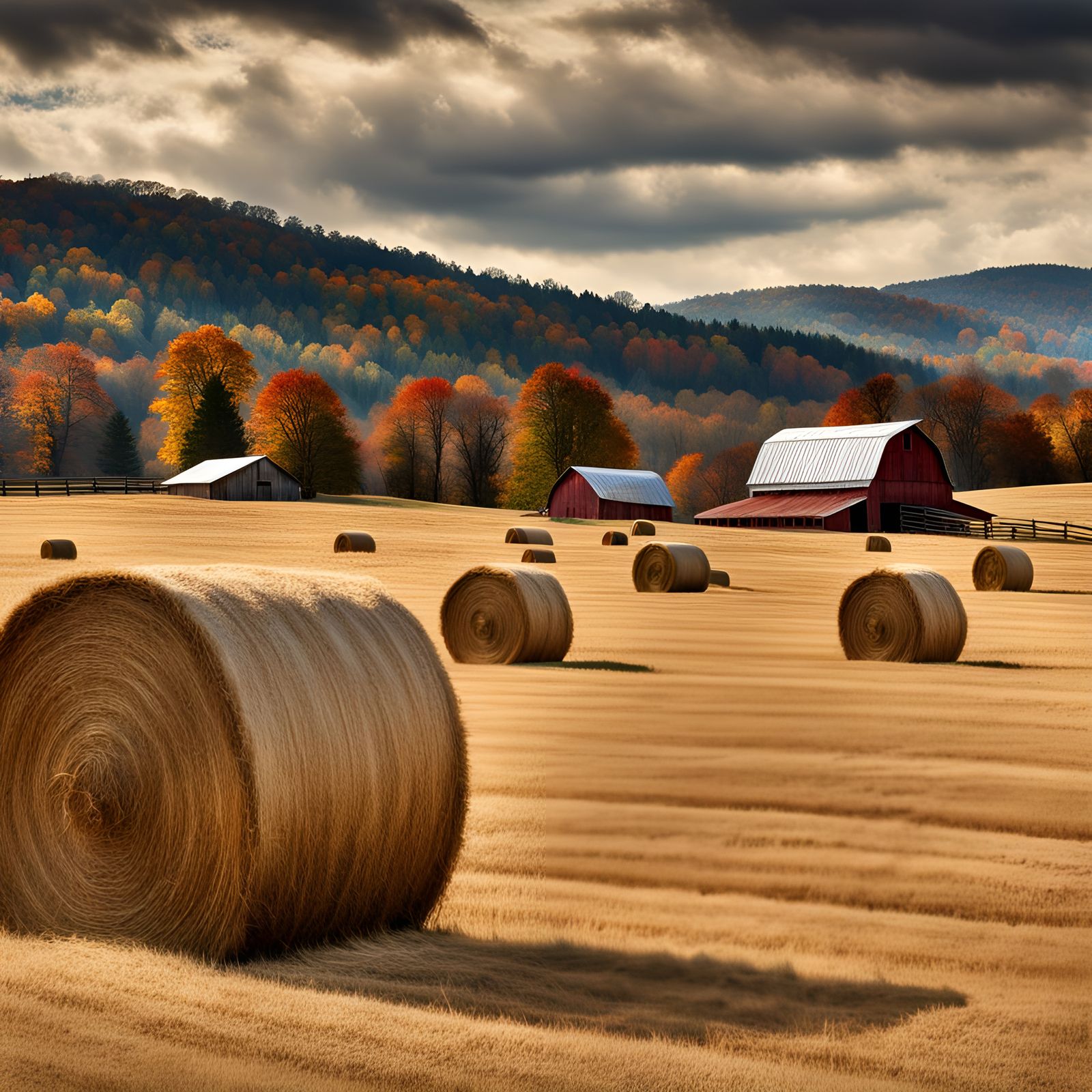 Autumnal Countryside Scene with Hay Bales and Barn
