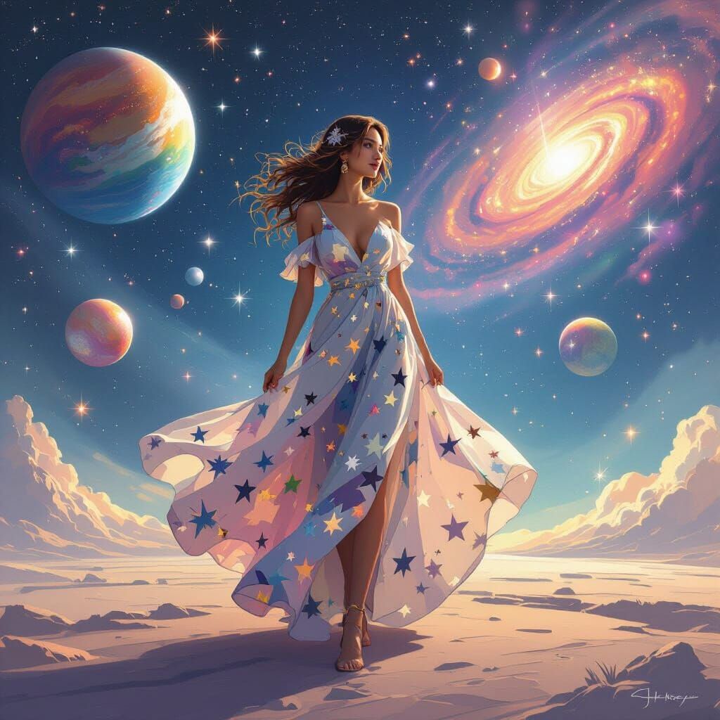 Celestial Woman in Starry Dress, Dreamy Space Art