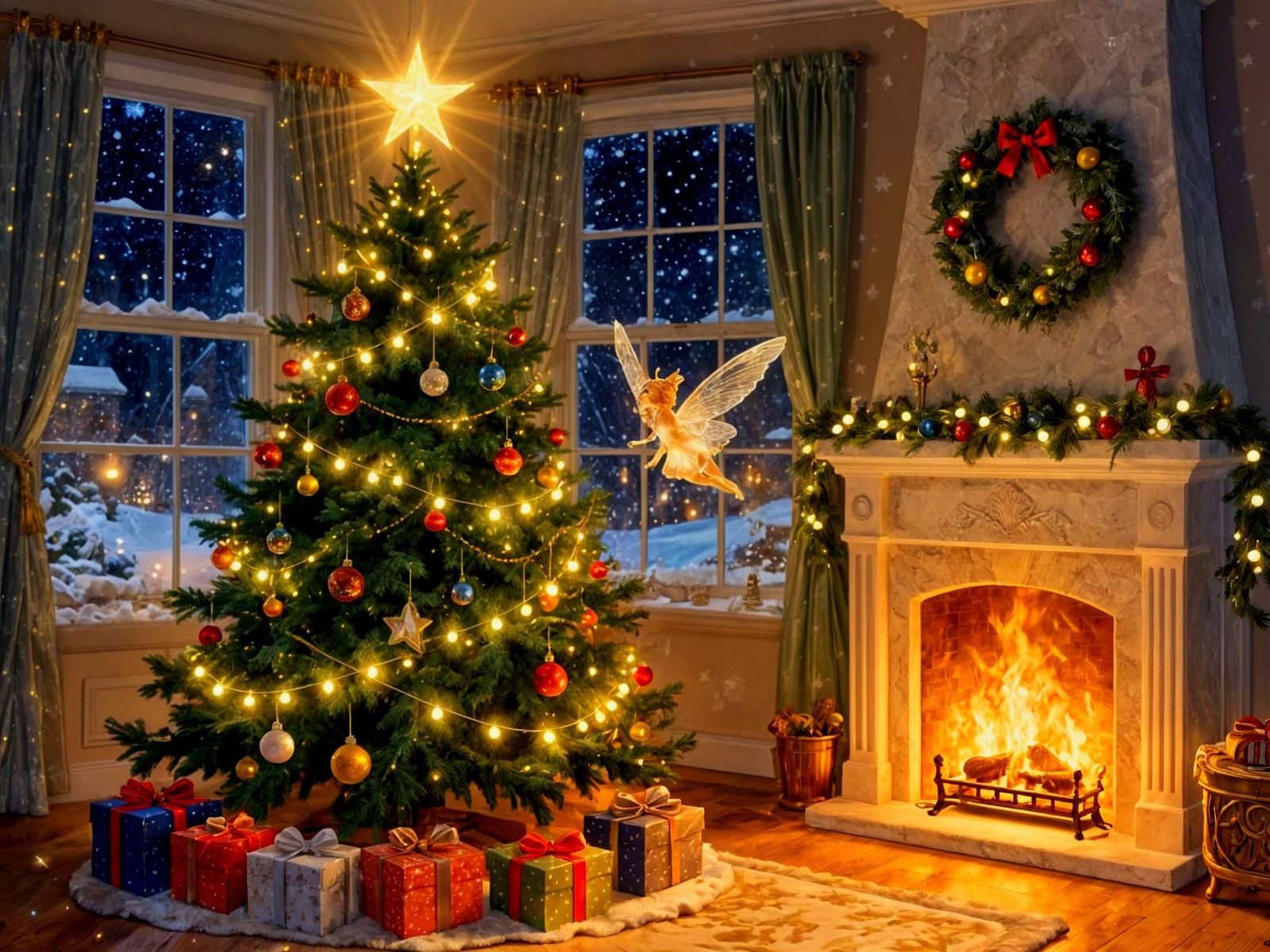 Magical Christmas Room with Fairy and Snow City View