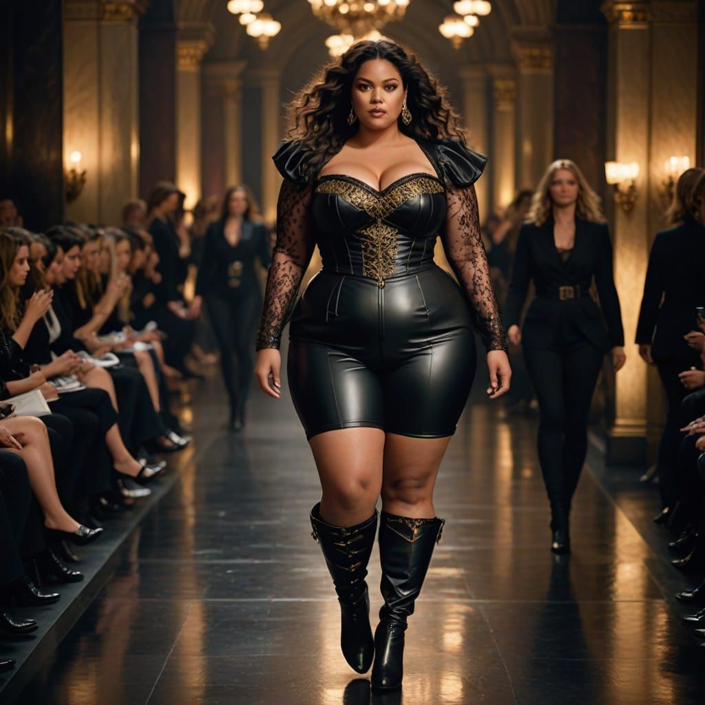 Confident Plus-Size Woman Strides Down Grand Catwalk in Luxu...