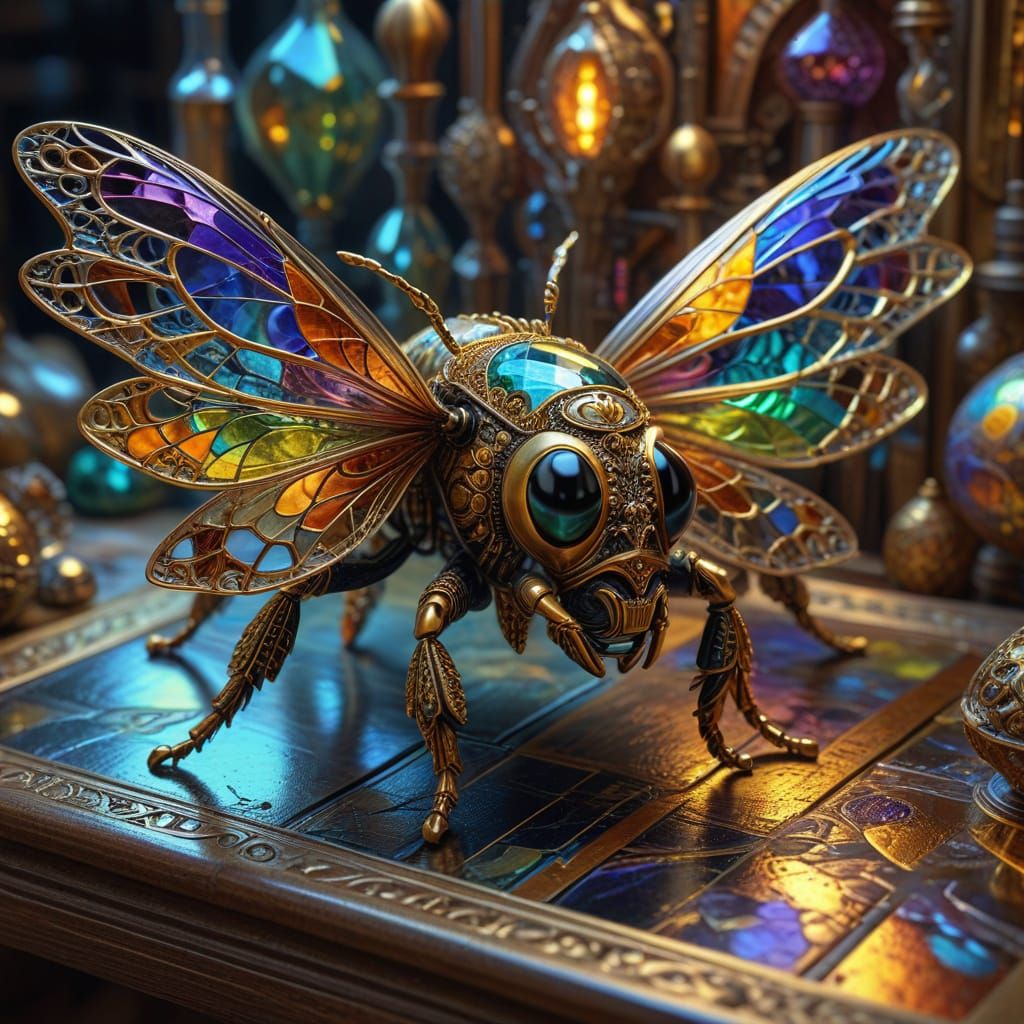Golden Glass Bee in Whimsical Workshop
