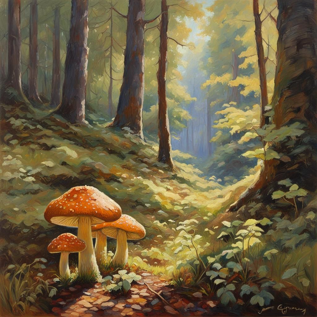 Morel Mushrooms in Forest Glen, Oil Painting