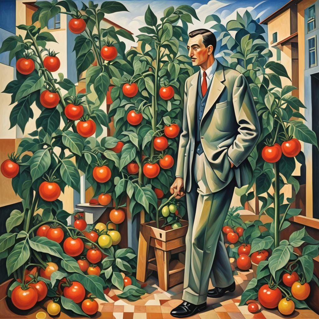 Tomatoes Growing in Greenhouse in Abstract Cubism Style