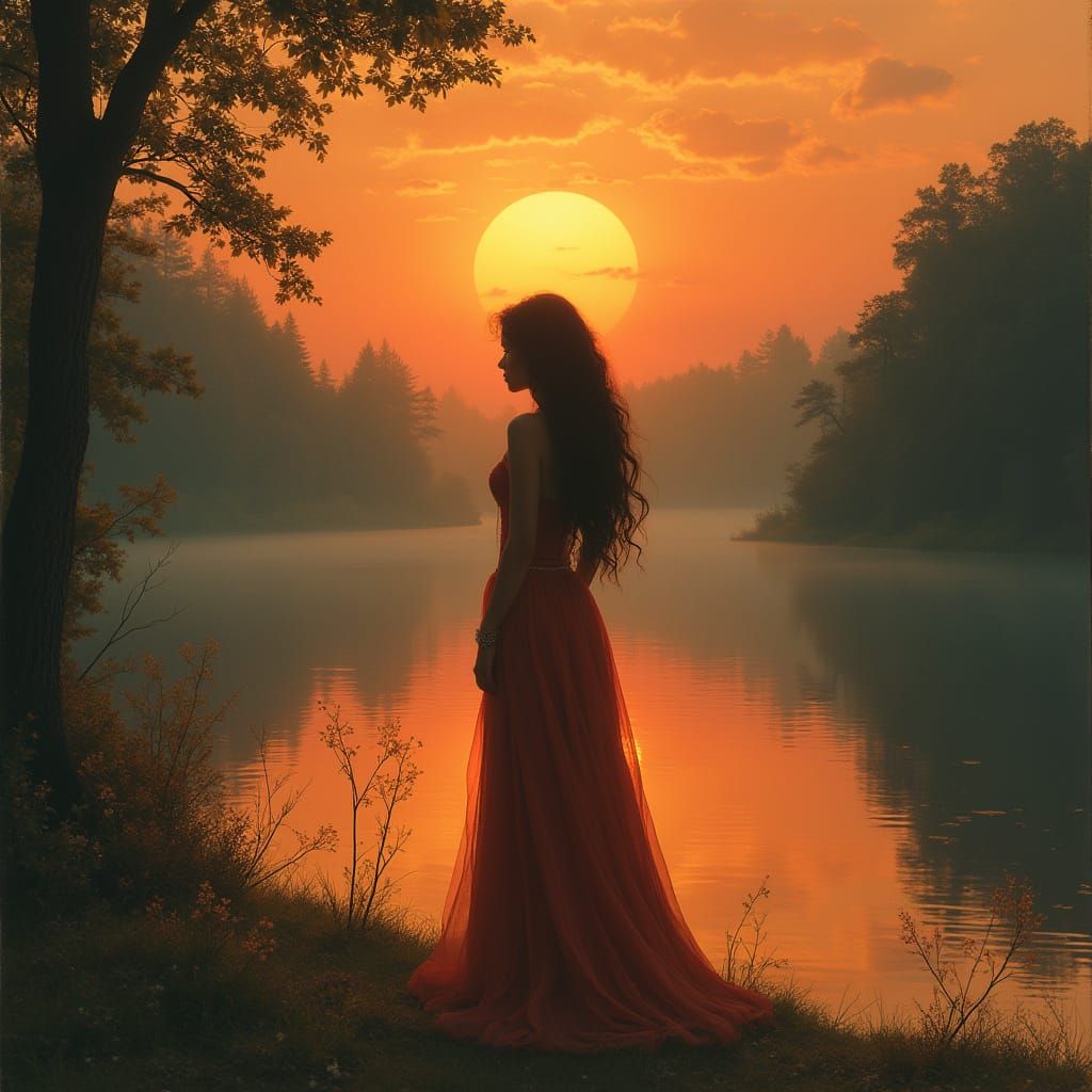 Sunset Silhouette by Lake, Classical Painting Style