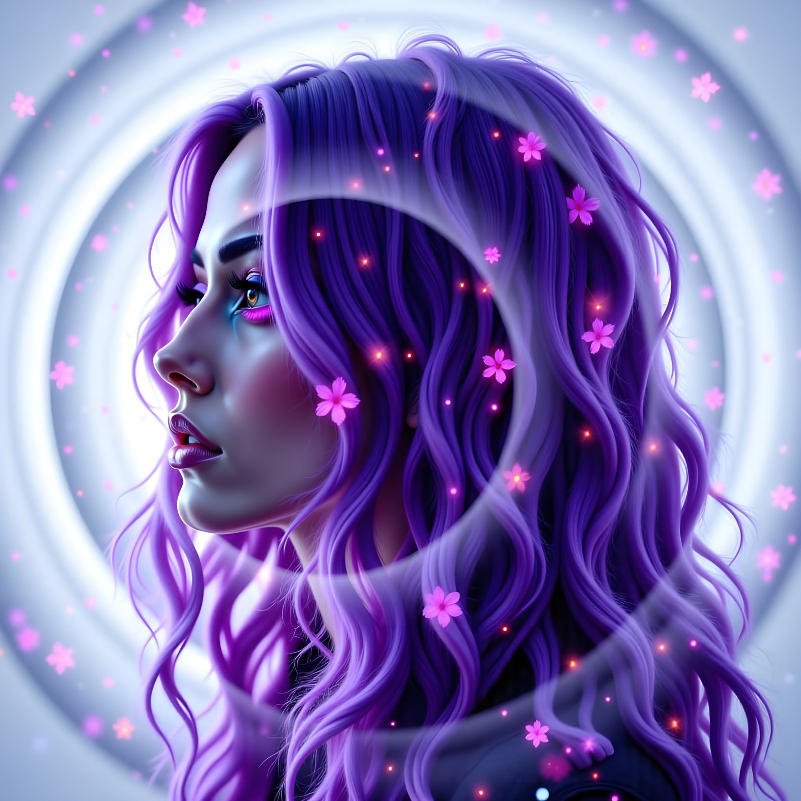 Surreal Double Exposure Portrait with Long Purple Hair and E...