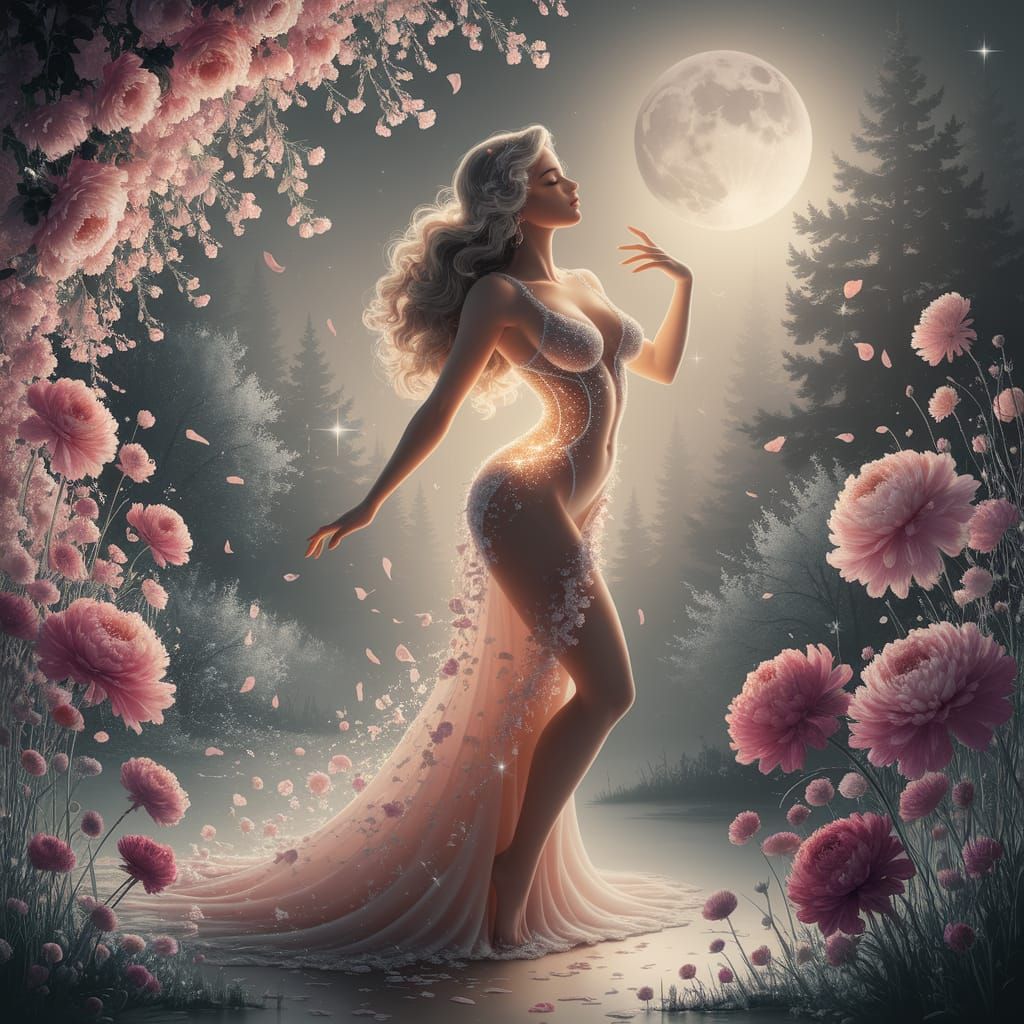 Ethereal Woman in Dreamlike Moonlight Landscape