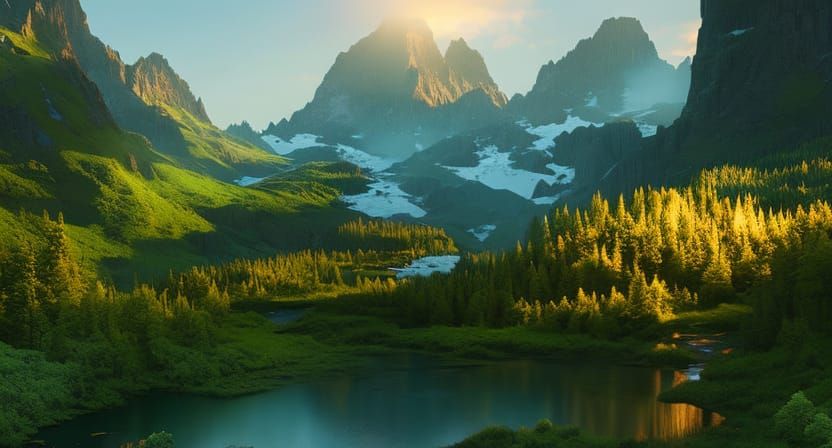 Golden Hour Mountain Forest with Waterfall Lake