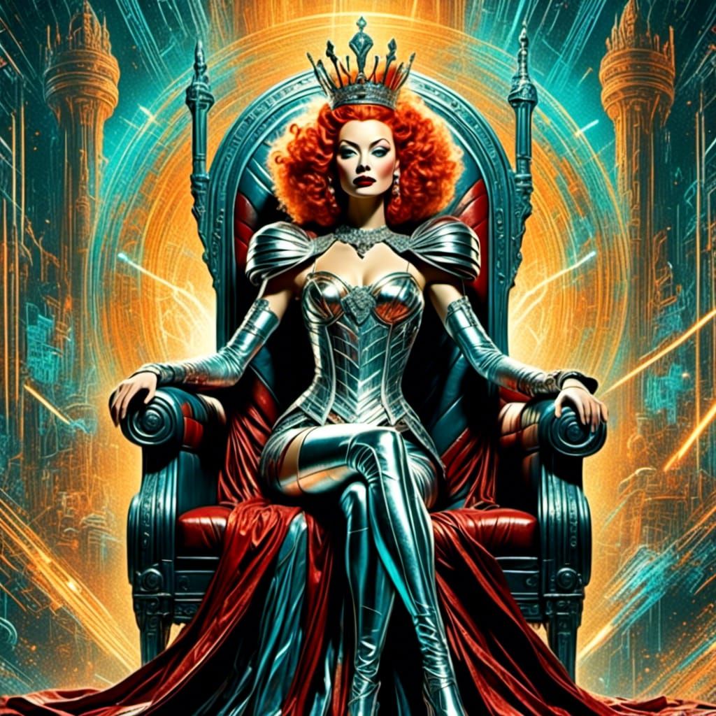 Galactic Empress on Platinum Throne: Retro-Futuristic Art