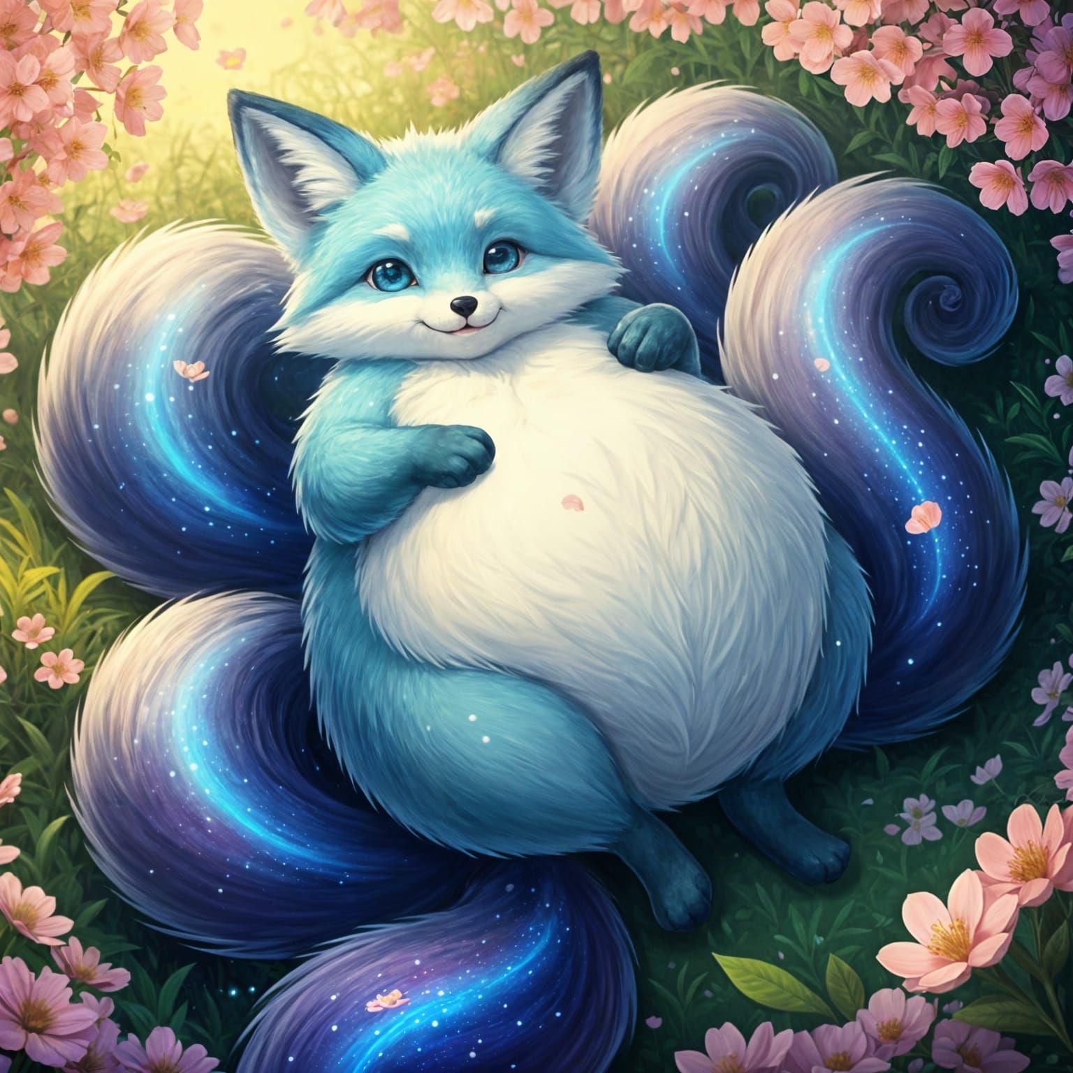 Cute Chubby Blue Fox in Surreal Flower Garden, Cosmic Galaxy...