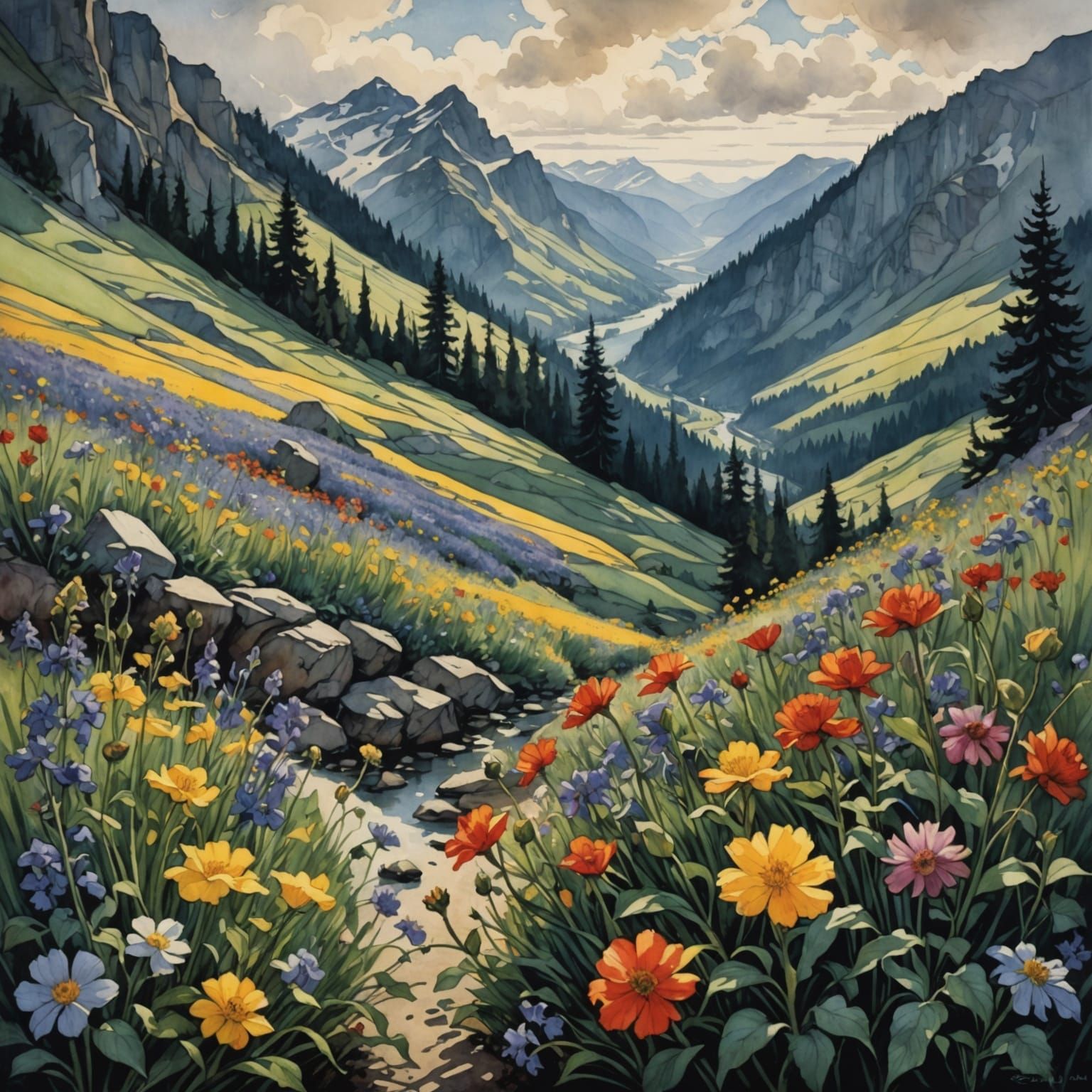 Whimsical Watercolor of a Mountain Stream Amidst Blooming Fl...