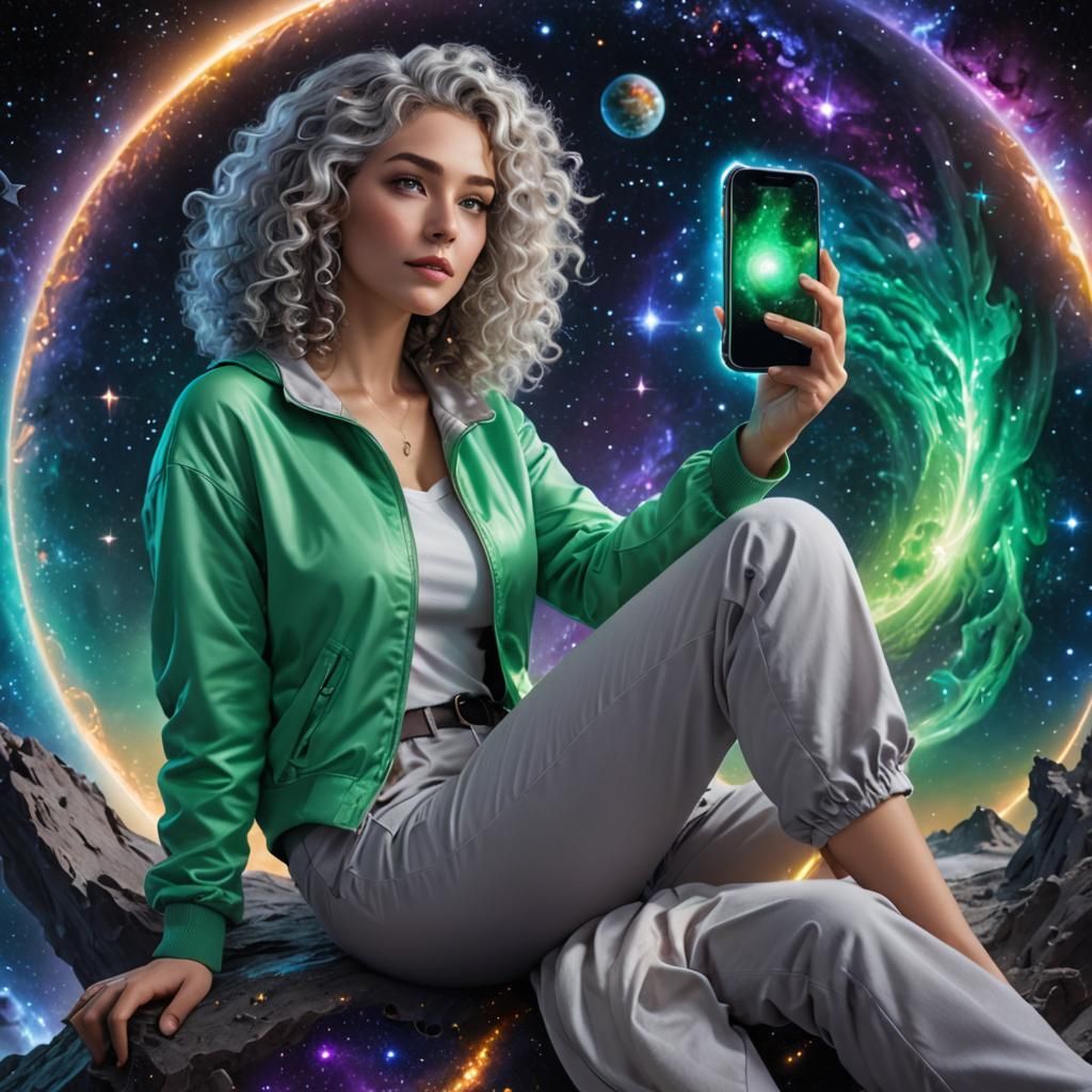 Woman in Space Holding iPhone: Digital Art