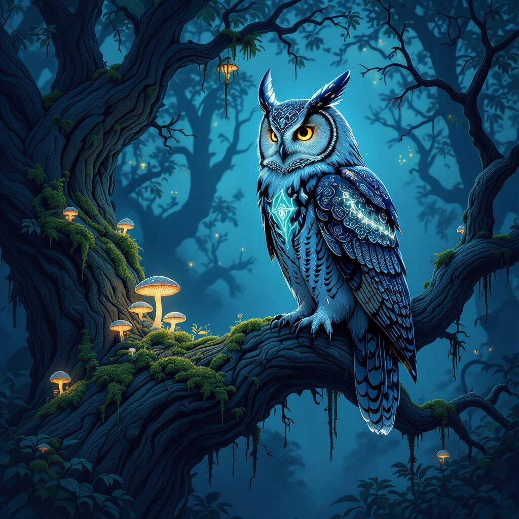 Majestic Owl with Runes in Twilight Forest