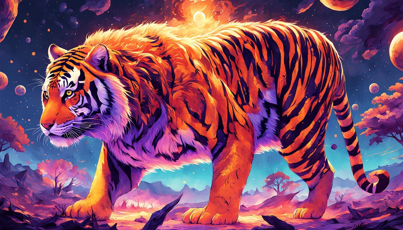 Surreal Tiger King Illuminated by Cosmic Light